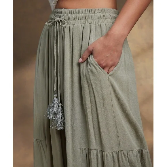 Boho Sage Green Stretchy Waist Wide leg Ruffle Hem Pants - Picture 5 of 5